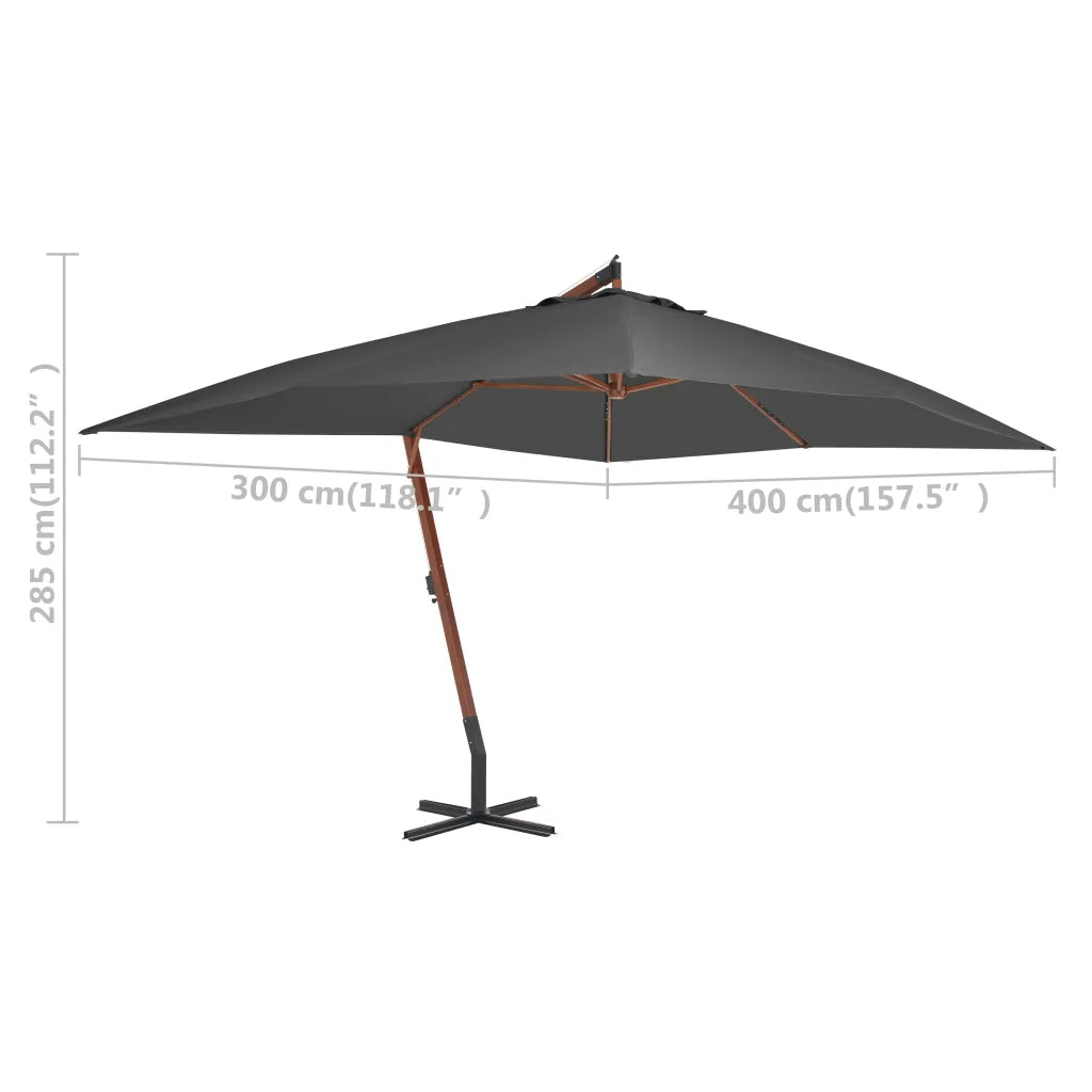Umbrelă în consolă cu stâlp din lemn, antracit, 400 x 300 cm