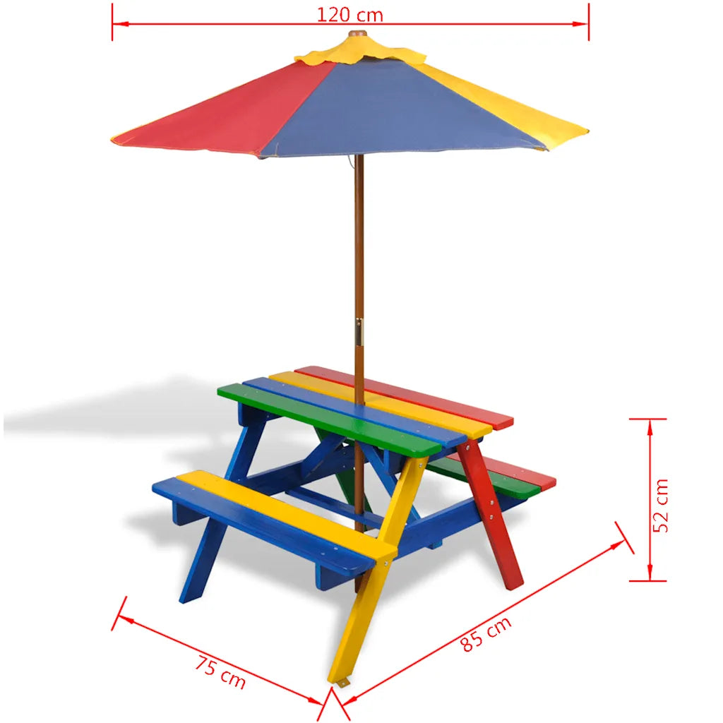 Masă de picnic pentru copii cu bănci și umbrelă, lemn multicolor