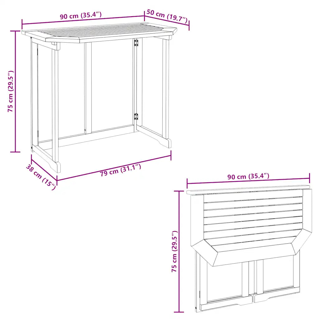 Masă de balcon pliabilă, 90x50x74 cm, lemn masiv de acacia