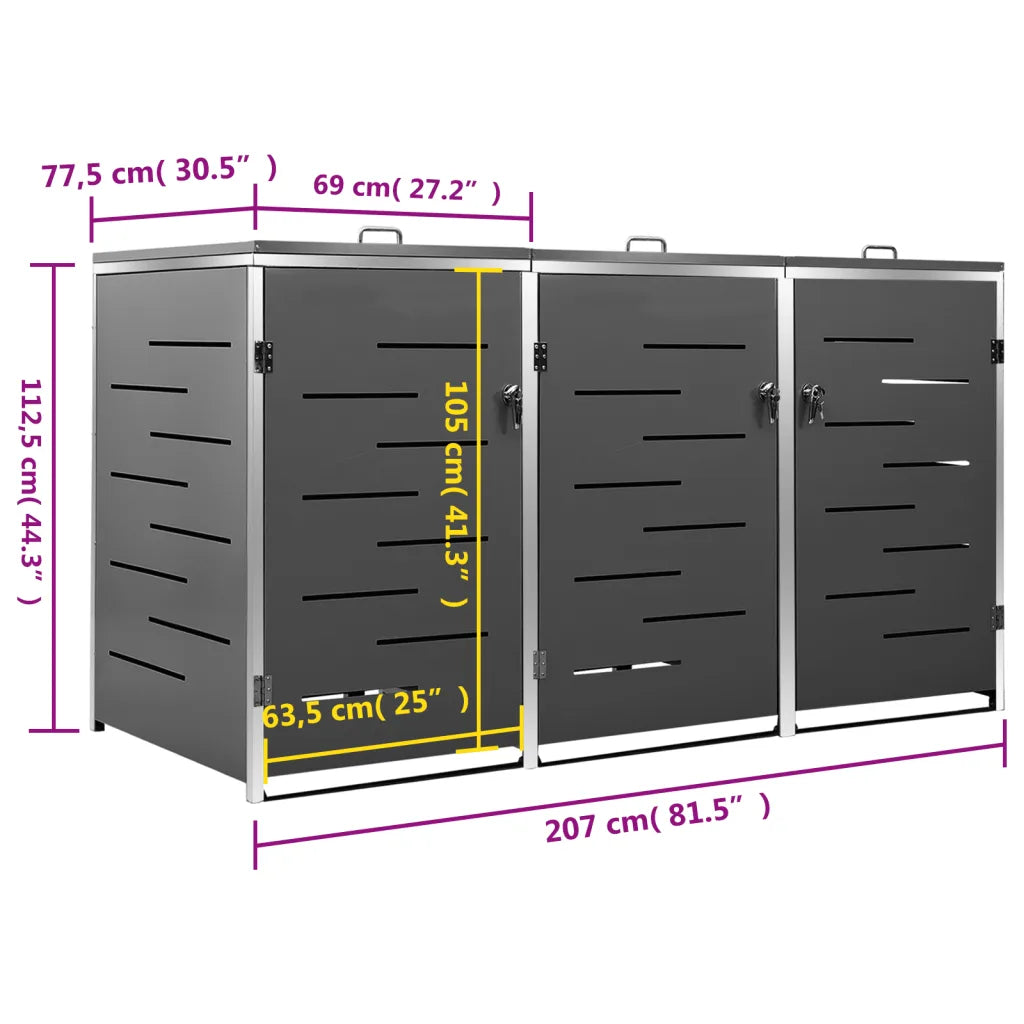 Magazie pentru trei pubele, 207x77,5x112,5 cm, oțel inoxidabil