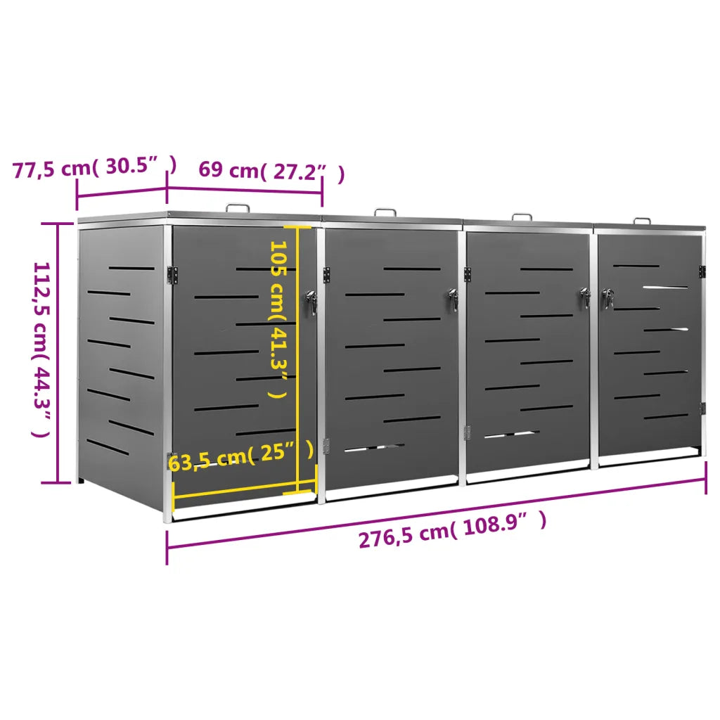 Magazie pentru patru pubele 276,5x77,5x112,5 cm oțel inoxidabil