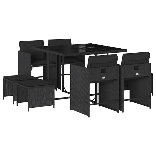 Set mobilier de grădină cu perne, 9 piese, negru, poliratan