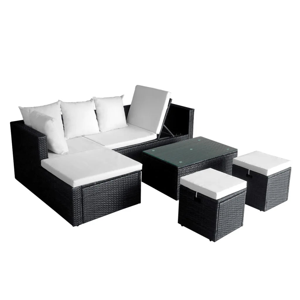 Set mobilier de grădină cu perne, 4 piese, negru, poliratan