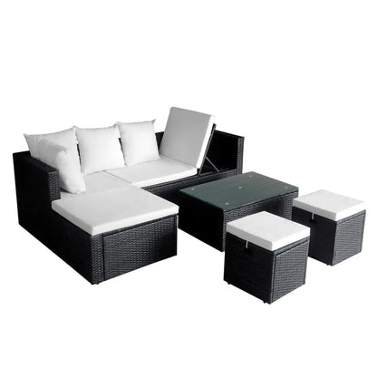 Set mobilier de grădină cu perne, 4 piese, negru, poliratan