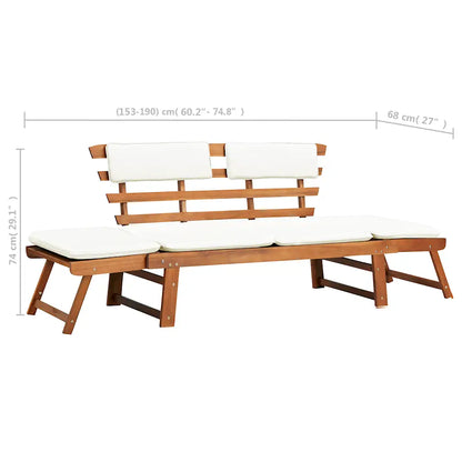 Bancă de grădină cu perne 2-în-1, 190 cm, lemn masiv de acacia