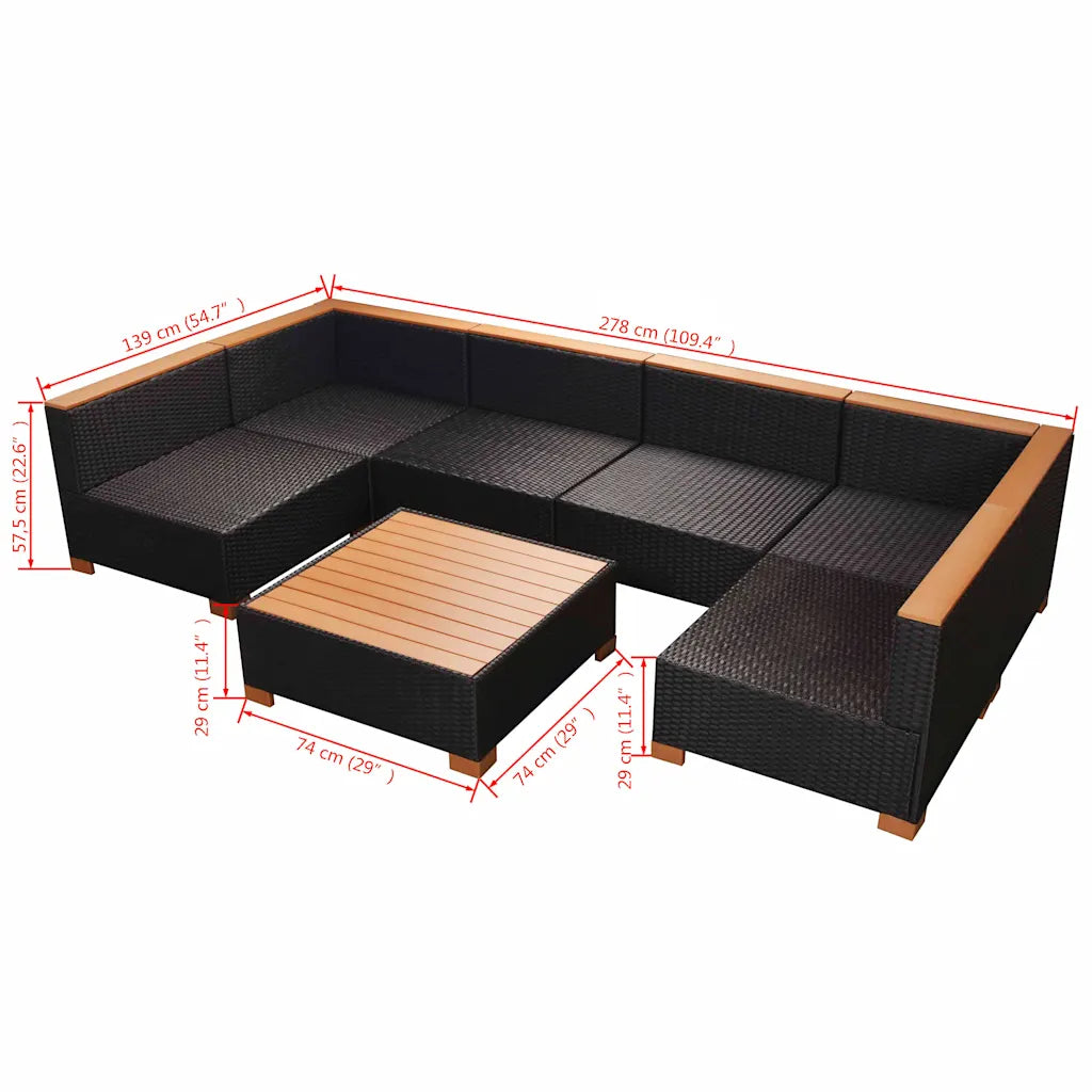 Set mobilier de grădină cu perne, 7 piese, negru, poliratan
