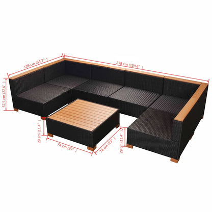 Set mobilier de grădină cu perne, 7 piese, negru, poliratan