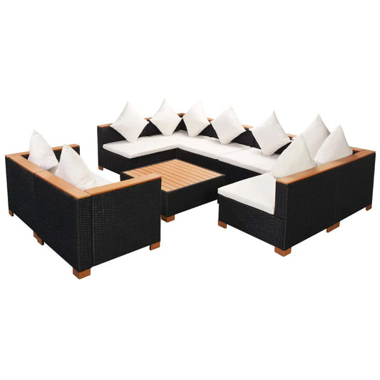 Set mobilier de grădină cu perne, 9 piese, negru, poliratan