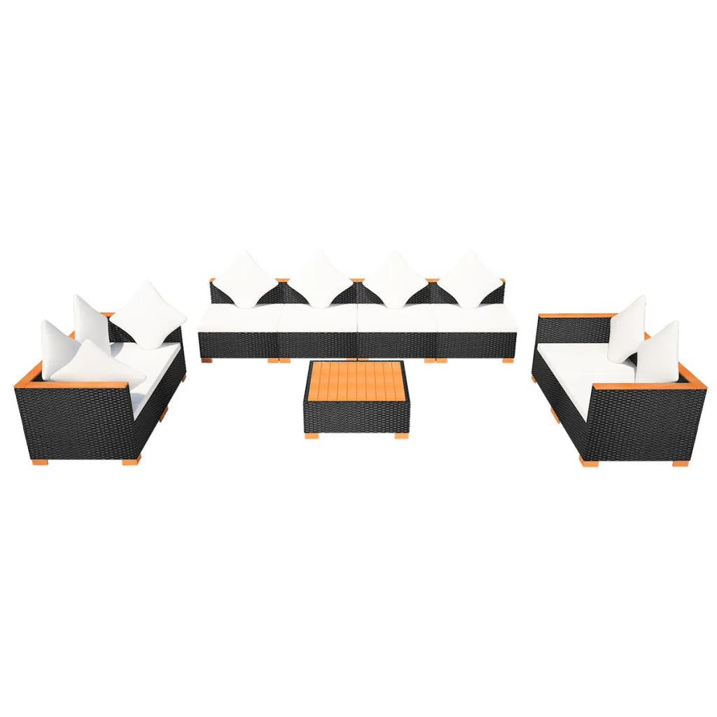 Set mobilier de grădină cu perne, 9 piese, negru, poliratan