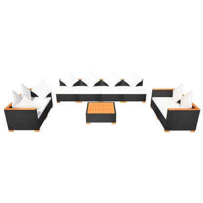 Set mobilier de grădină cu perne, 9 piese, negru, poliratan
