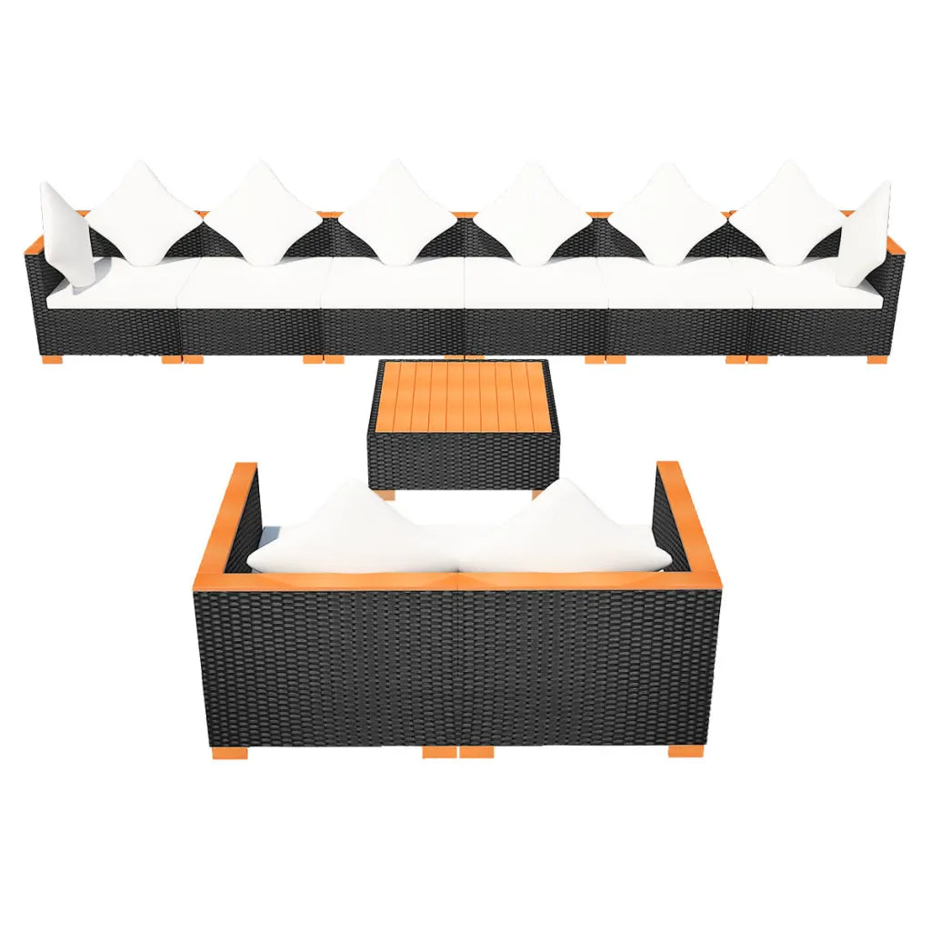 Set mobilier de grădină cu perne, 9 piese, negru, poliratan