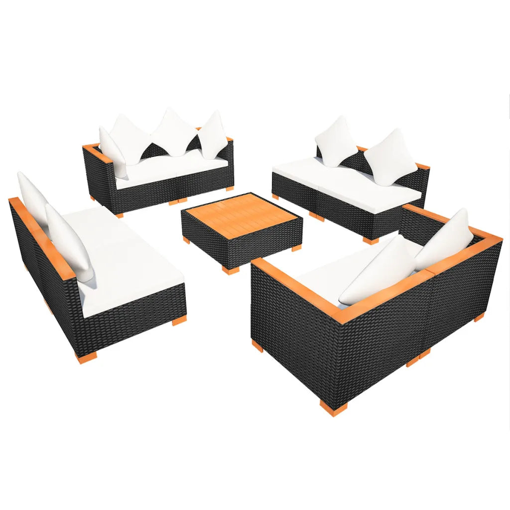 Set mobilier de grădină cu perne, 9 piese, negru, poliratan