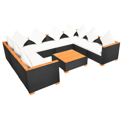Set mobilier de grădină cu perne, 9 piese, negru, poliratan