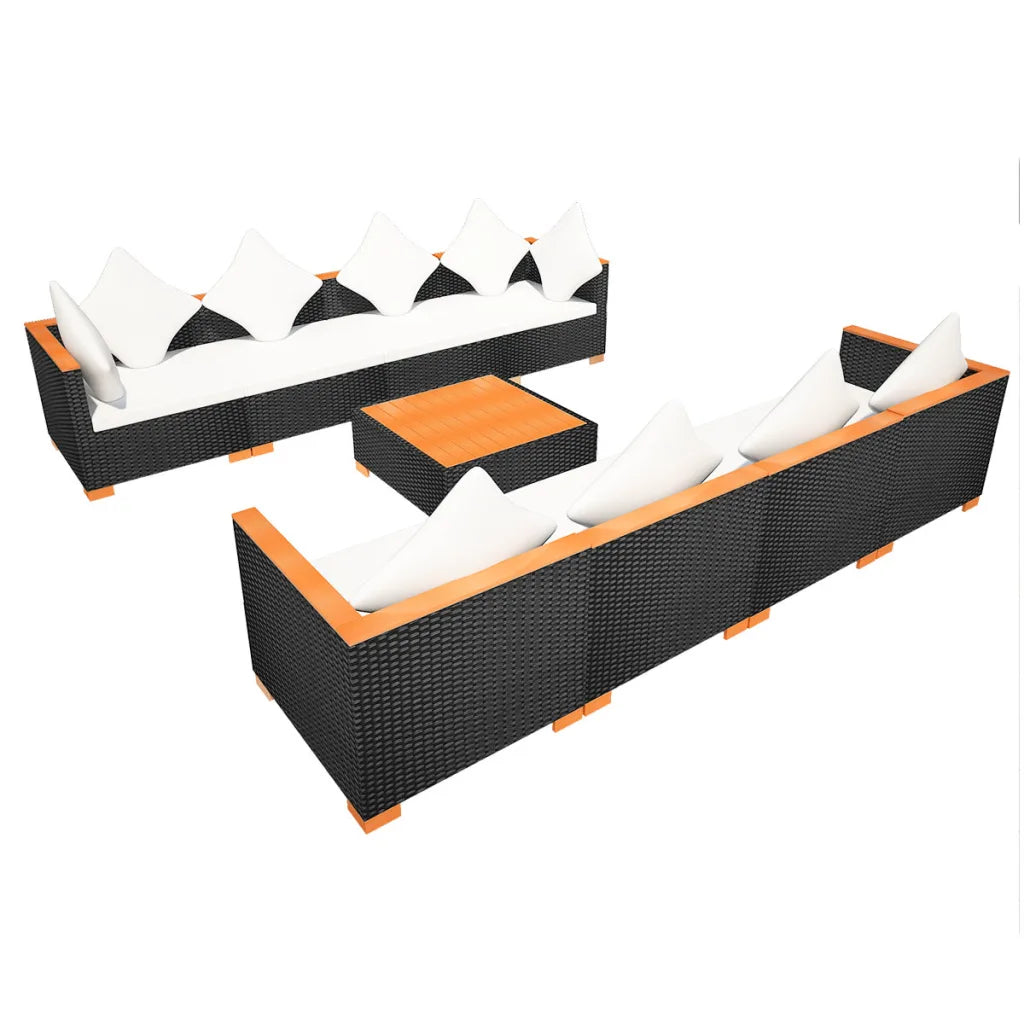 Set mobilier de grădină cu perne, 9 piese, negru, poliratan