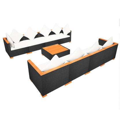 Set mobilier de grădină cu perne, 9 piese, negru, poliratan