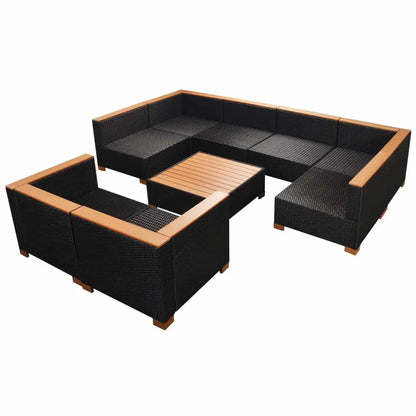 Set mobilier de grădină cu perne, 9 piese, negru, poliratan