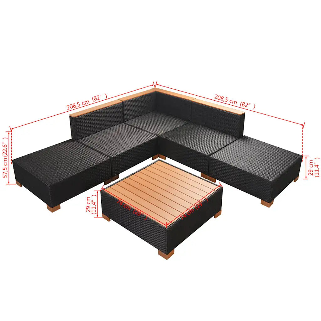 Set mobilier de grădină cu perne, 6 piese, negru, poliratan
