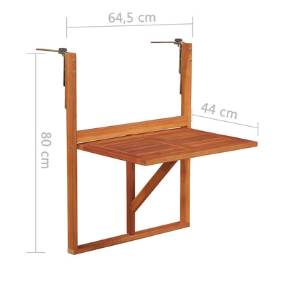 Masă de balcon suspendată, 64,5x44x80 cm, lemn masiv de acacia