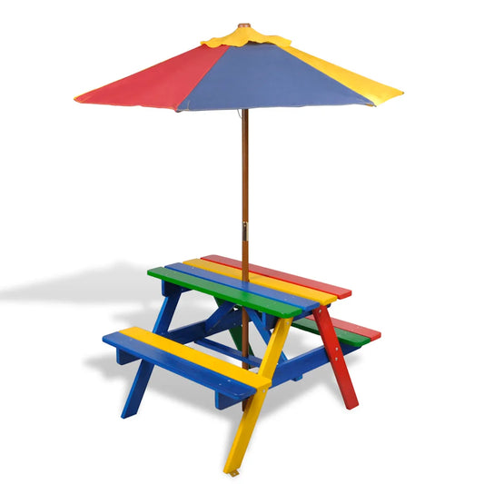 Masă de picnic pentru copii cu bănci și umbrelă, lemn multicolor