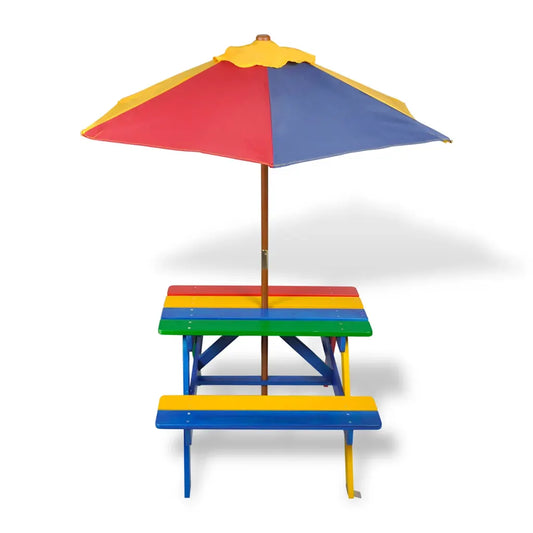Masă de picnic pentru copii cu bănci și umbrelă, lemn multicolor