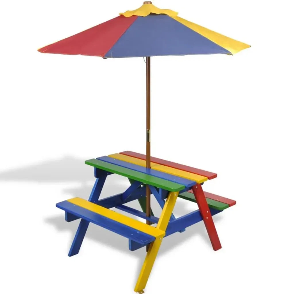 Masă de picnic pentru copii cu bănci și umbrelă, lemn multicolor