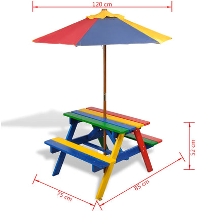Masă de picnic pentru copii cu bănci și umbrelă, lemn multicolor