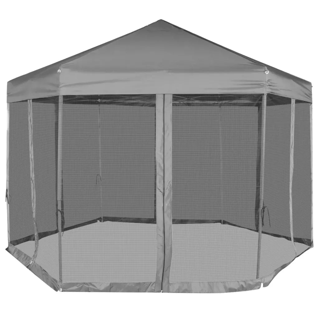Marchiză hexagonală pliabilă, 6 pereți laterali, gri, 3,6x3,1 m