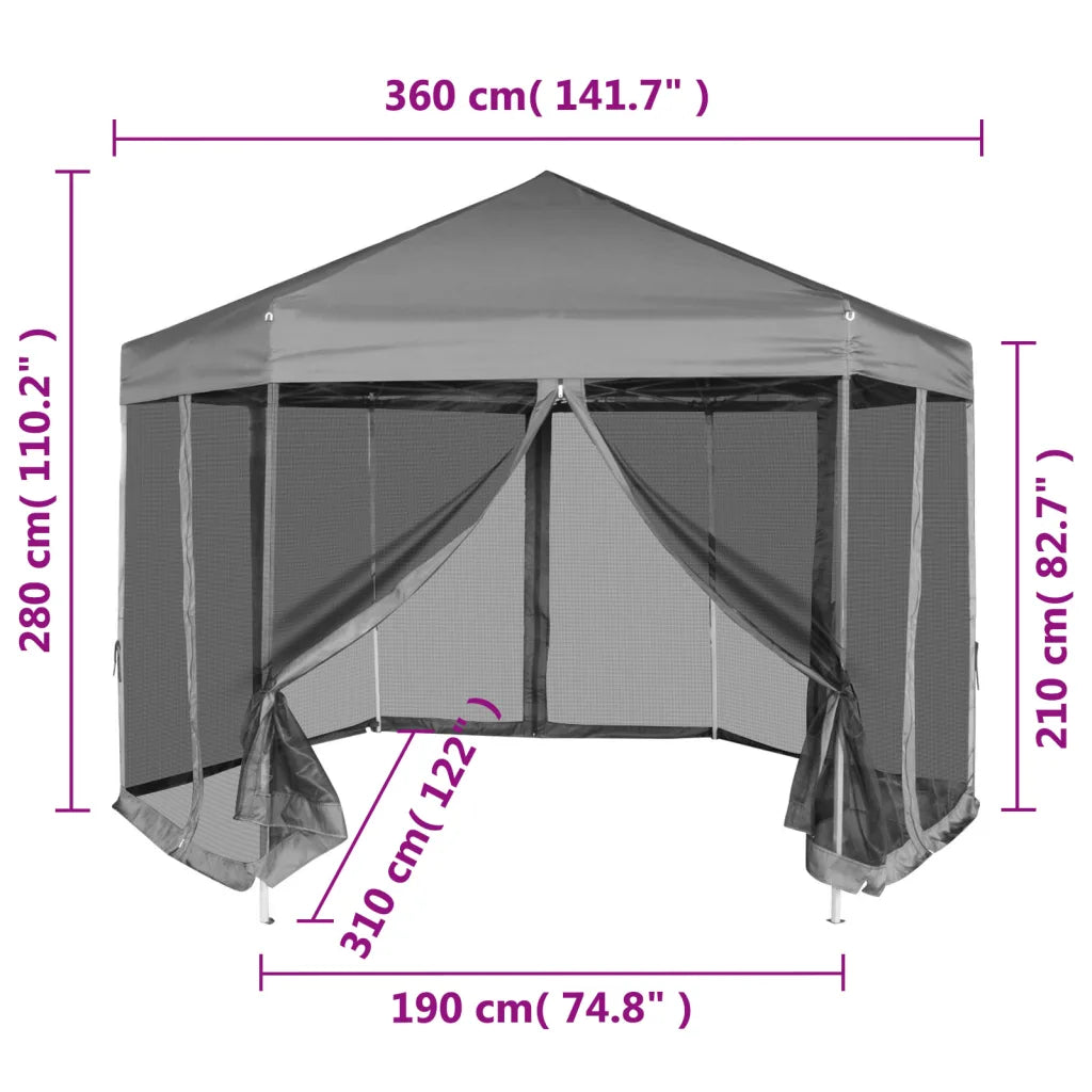 Marchiză hexagonală pliabilă, 6 pereți laterali, gri, 3,6x3,1 m