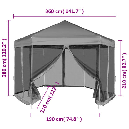 Marchiză hexagonală pliabilă, 6 pereți laterali, gri, 3,6x3,1 m