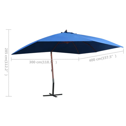 Umbrelă de soare suspendată, stâlp lemn, albastru, 400 x 300 cm