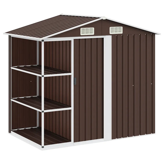 Șopron de grădină cu etajeră, maro, 205 x 130 x 183 cm, fier