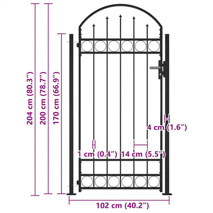 Poartă de gard ASSEN cu vârf arcuit și 2 stâlpi 105x170 cm, negru
