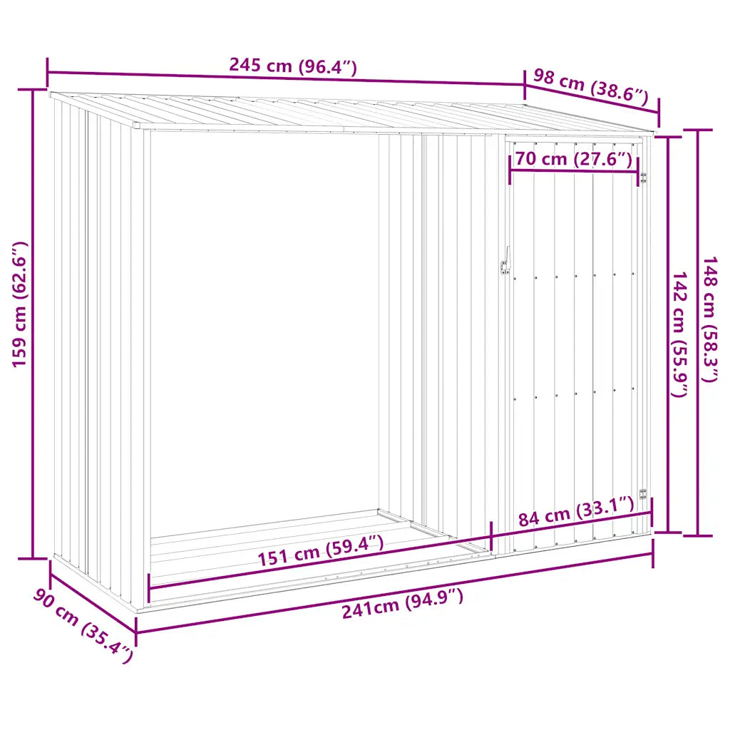 Șopron de grădină lemne de foc maro 245x98x159 cm oțel zincat