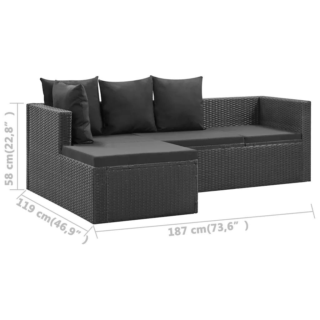 Set mobilier de grădină cu perne, 4 piese, negru, poliratan