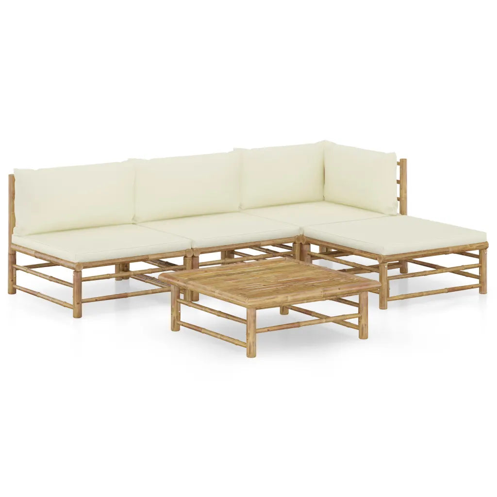 Set mobilier de grădină, cu perne alb crem, 5 piese, bambus