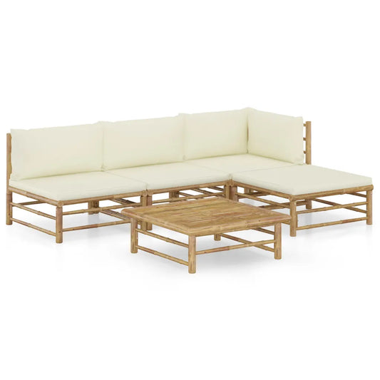 Set mobilier de grădină, cu perne alb crem, 5 piese, bambus