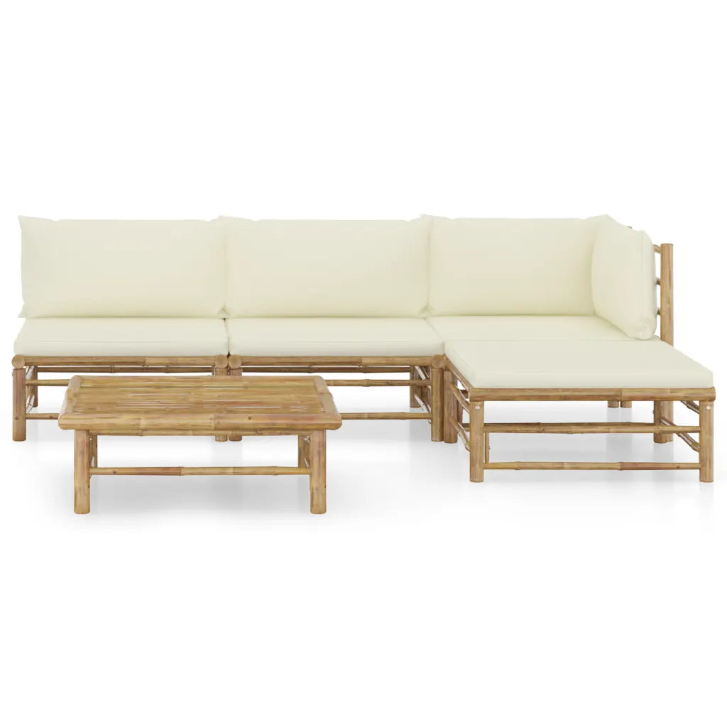 Set mobilier de grădină, cu perne alb crem, 5 piese, bambus