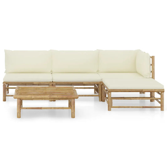 Set mobilier de grădină, cu perne alb crem, 5 piese, bambus