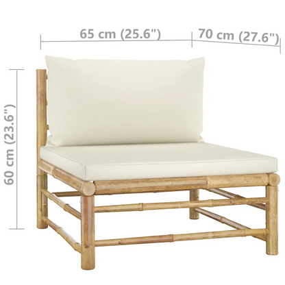 Set mobilier de grădină, cu perne alb crem, 5 piese, bambus