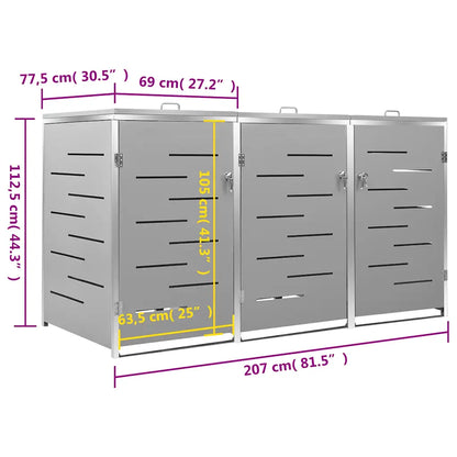 Magazie pentru trei pubele, 207x77,5x112,5 cm, oțel inoxidabil