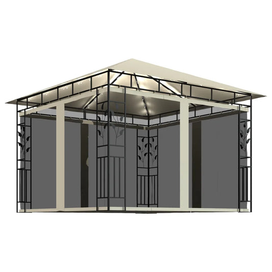 Pavilion cu plasă anti-țânțari & lumini LED crem 3x3x2,73m