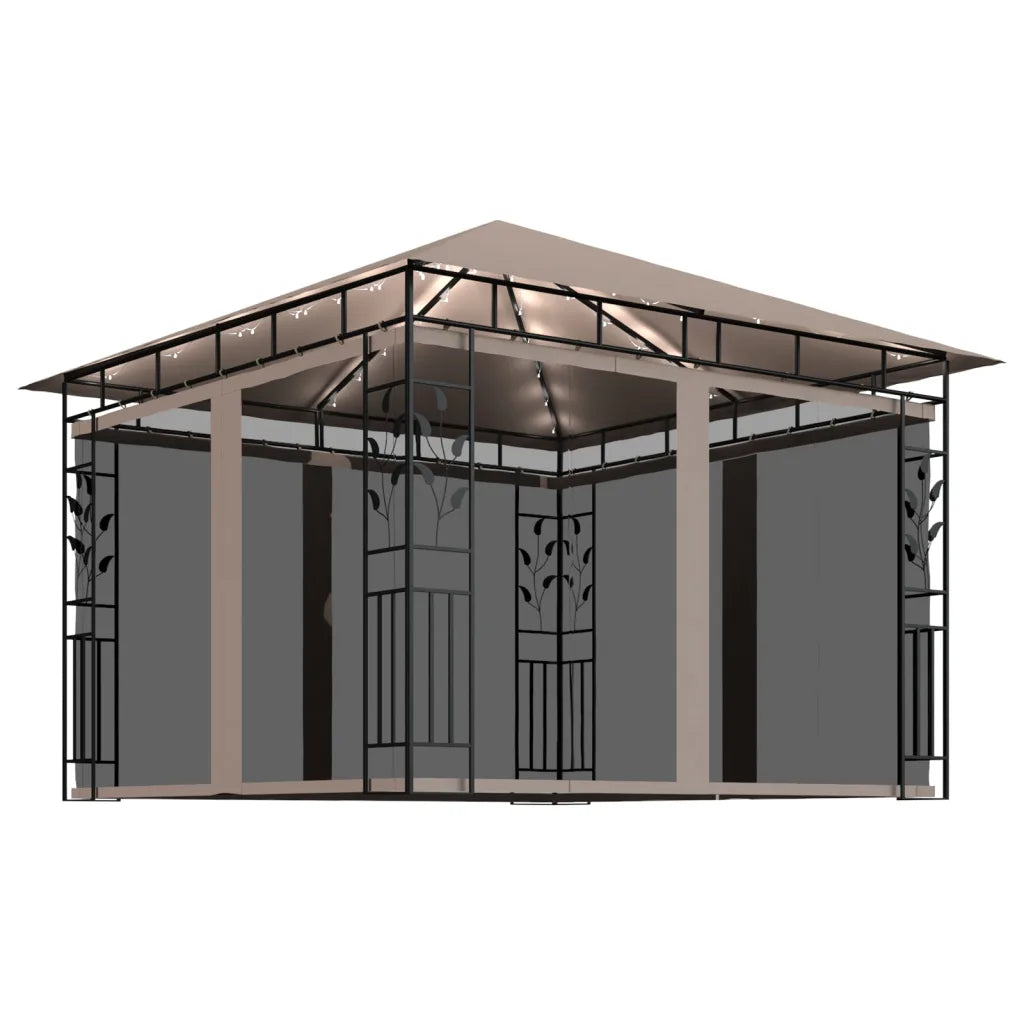 Pavilion cu plasă anti-țânțari&lumini LED,gri taupe, 3x3x2,73 m
