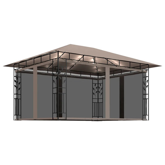 Pavilion cu plasă anti-țânțari&lumini LED,gri taupe, 4x3x2,73 m