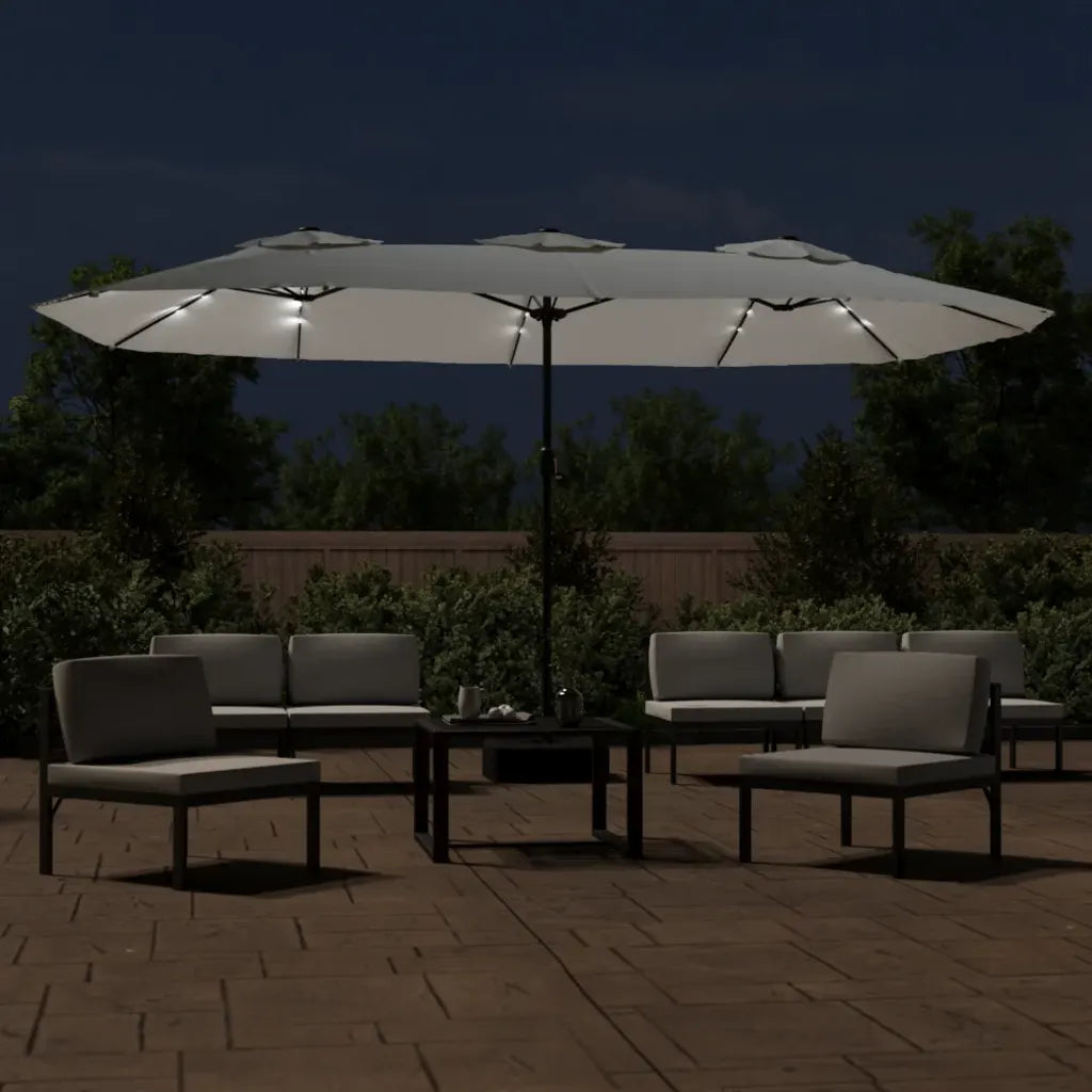 Umbrelă de grădină cu două capete/LED, alb nisipiu, 449x265 cm