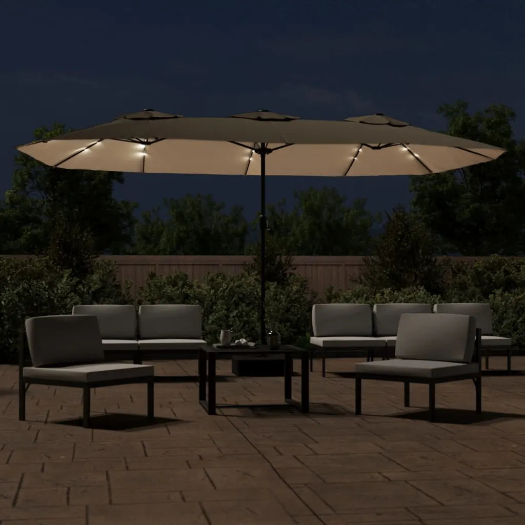 Umbrelă soare cu două capete cu LED-uri, gri taupe, 449x265 cm