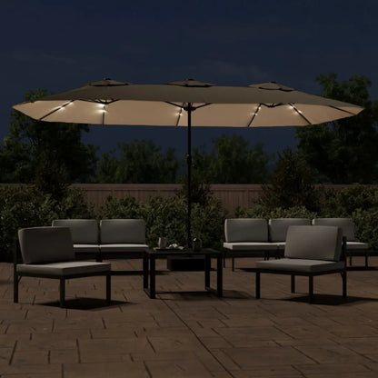 Umbrelă soare cu două capete cu LED-uri, gri taupe, 449x265 cm