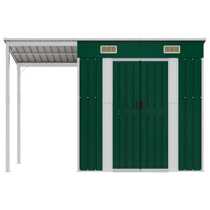 Șopron grădină, acoperiș extins, verde, 277x107x181 cm, oțel