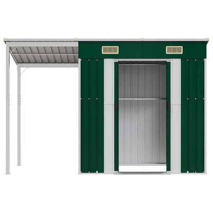 Șopron grădină, acoperiș extins, verde, 277x107x181 cm, oțel
