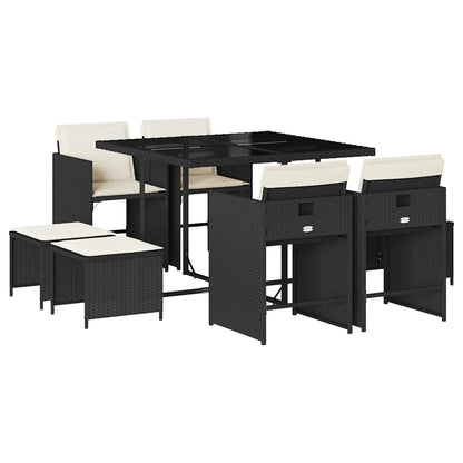 Set mobilier de grădină cu perne, 9 piese, negru, poliratan