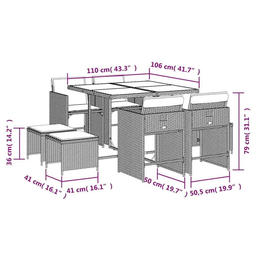 Set mobilier de grădină cu perne, 9 piese, negru, poliratan